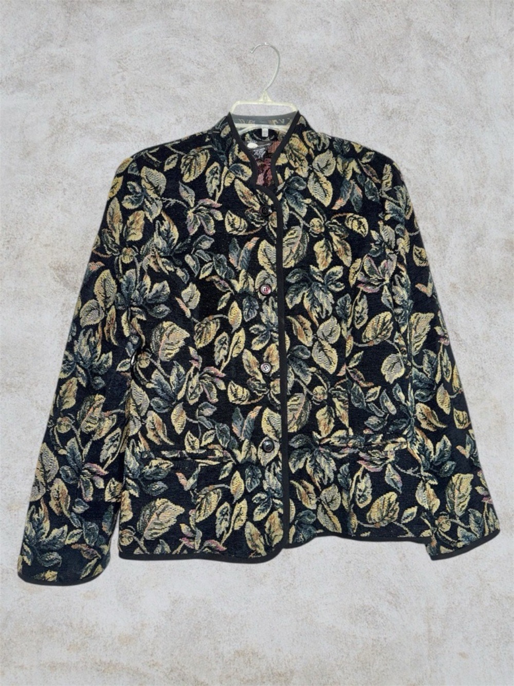 First Option Black Botanical Leaf Jacquard Button Up Blazer Jacket size M